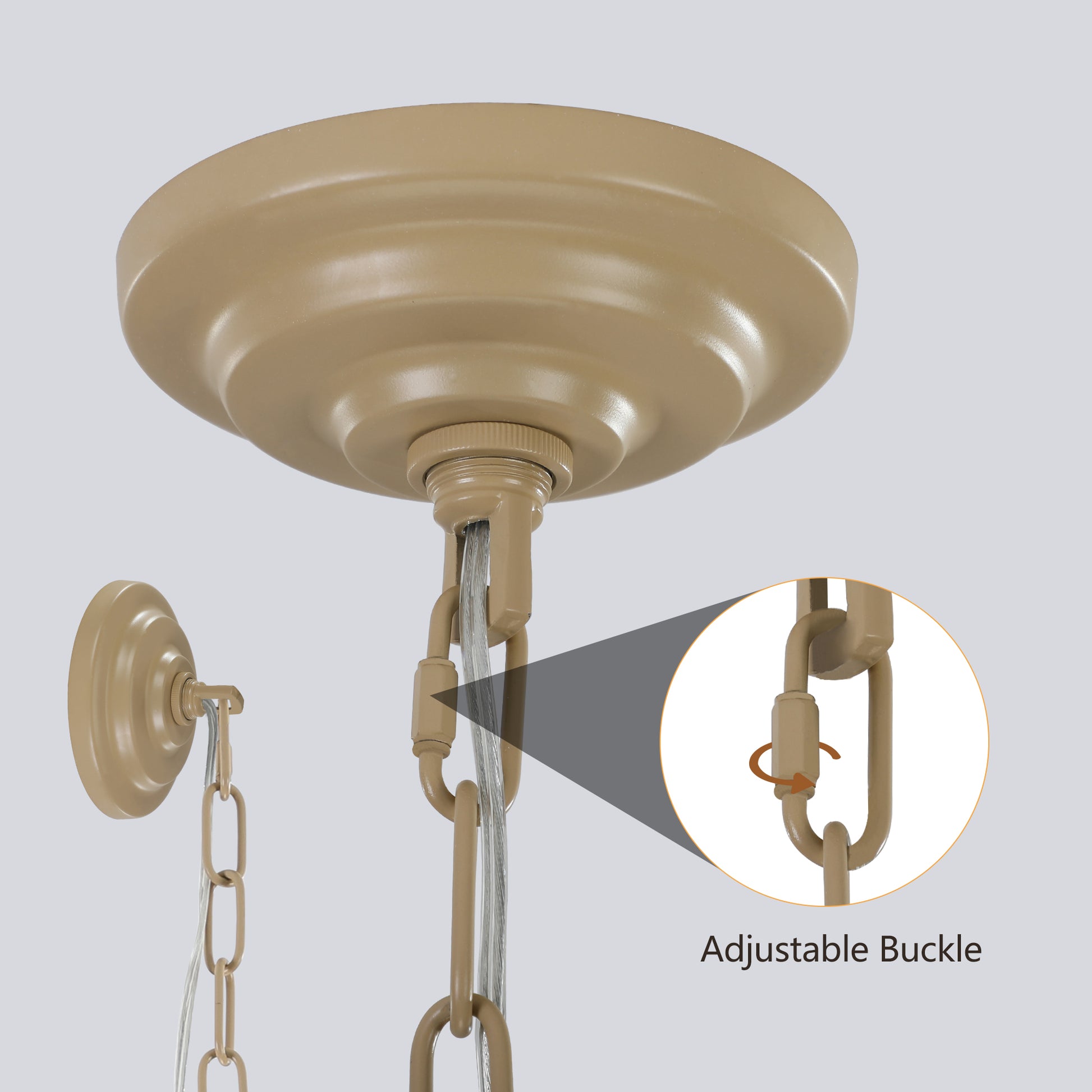 Closeup of tan chandelier chain with adjustable buckle detail
