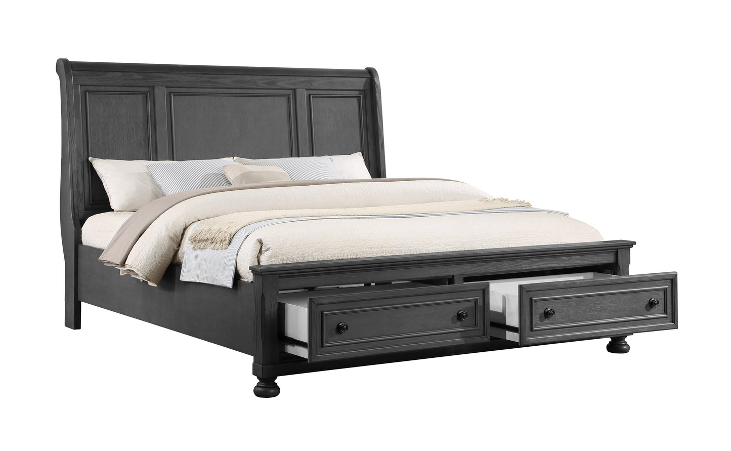 Dark gray sleigh bed frame with two drawers paneled headboard and footboard