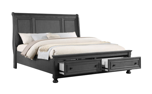 Dark gray sleigh bed frame with two drawers paneled headboard and footboard