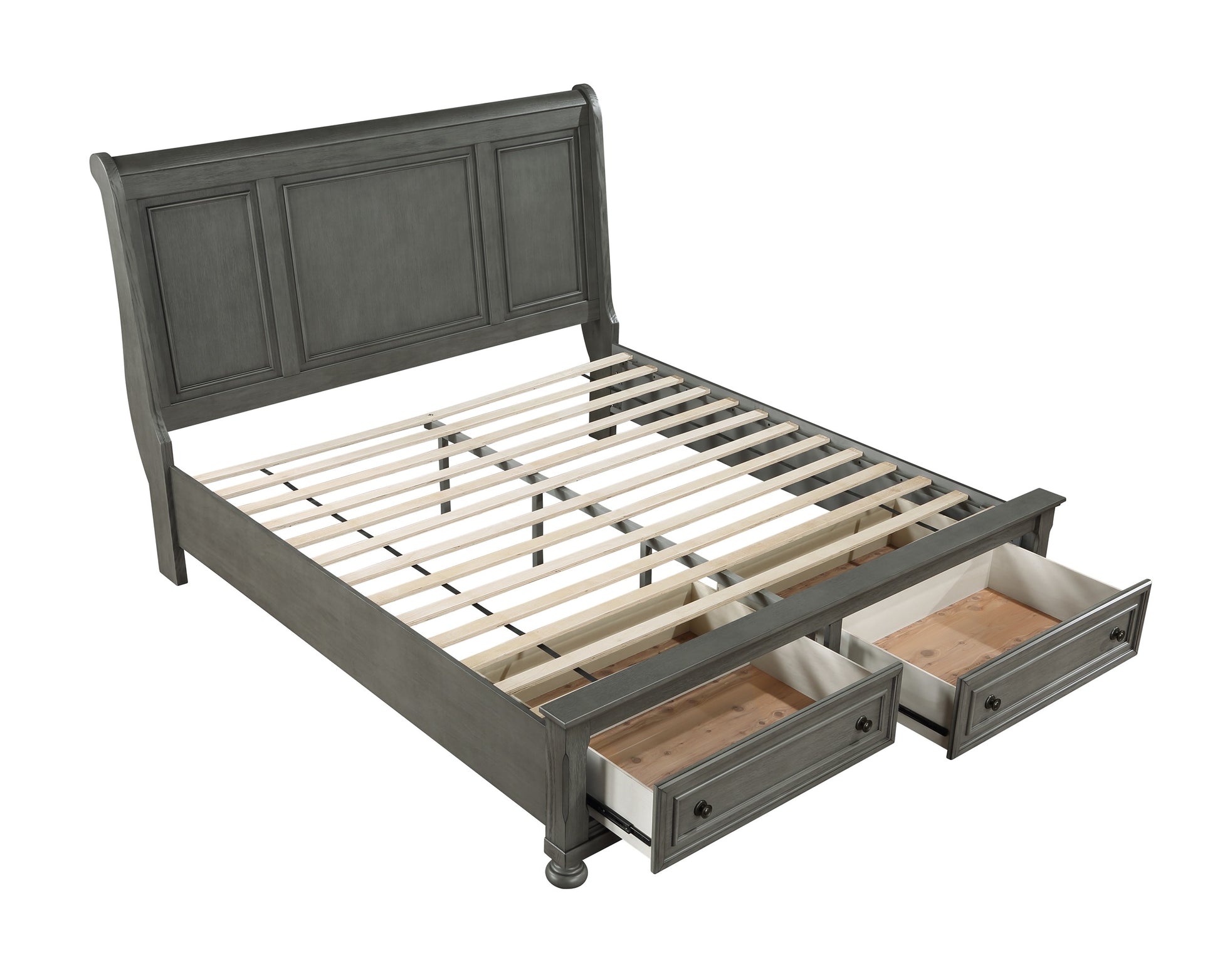 Dark grey sleigh bed frame with two storage drawers