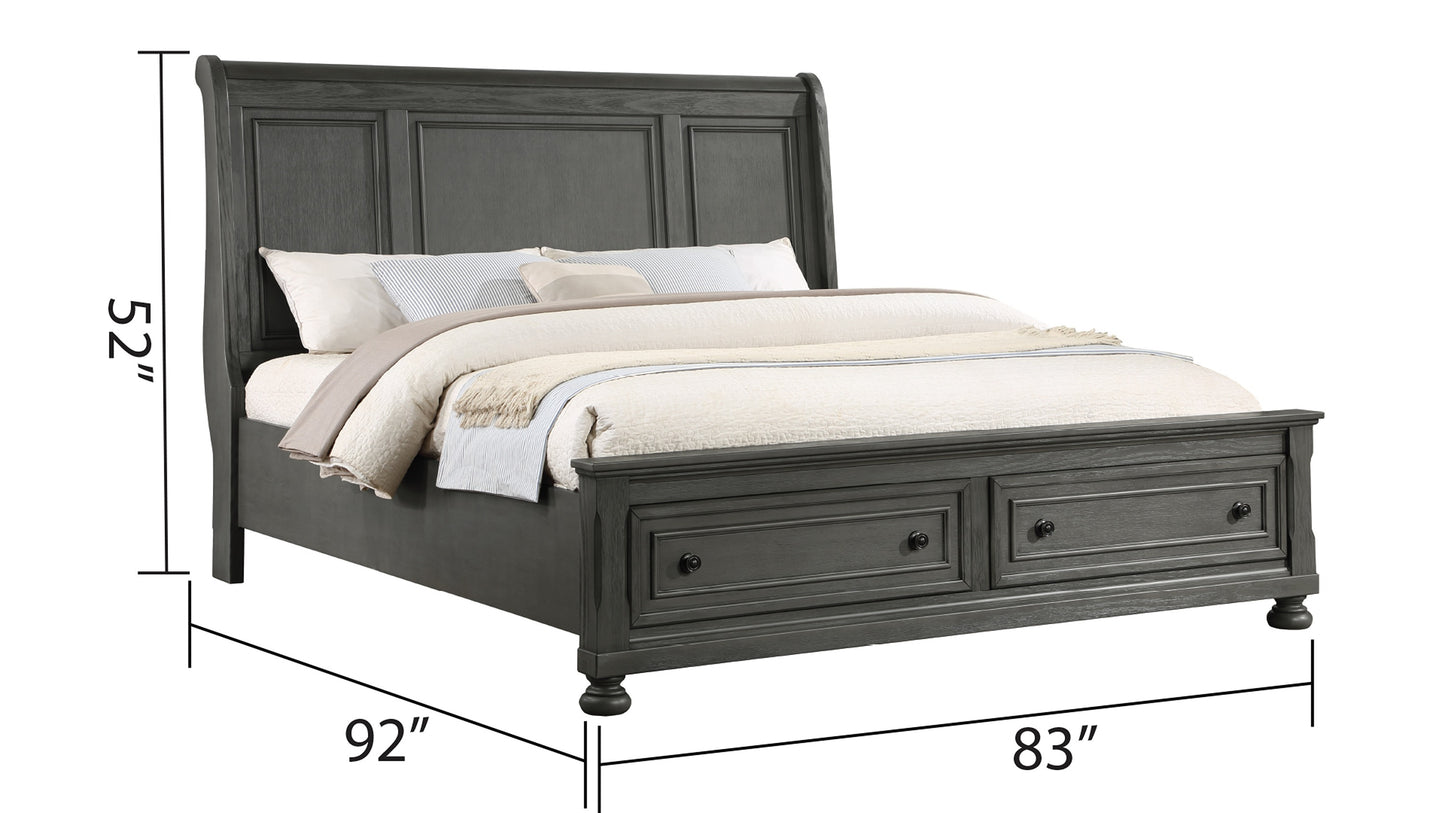 Dark gray sleigh bed with storage drawers and paneled headboard offering a classic design