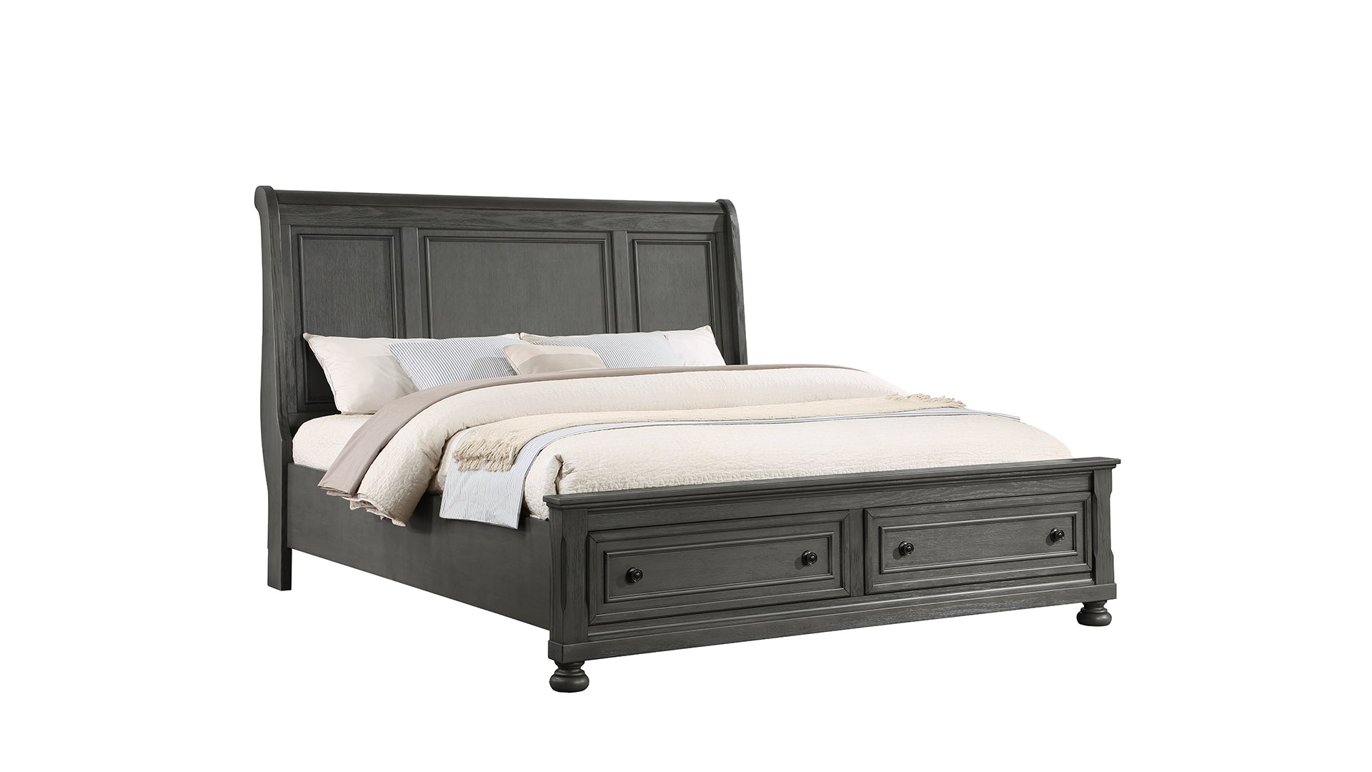 Dark gray wooden sleigh bed frame with storage drawers queen size traditional design