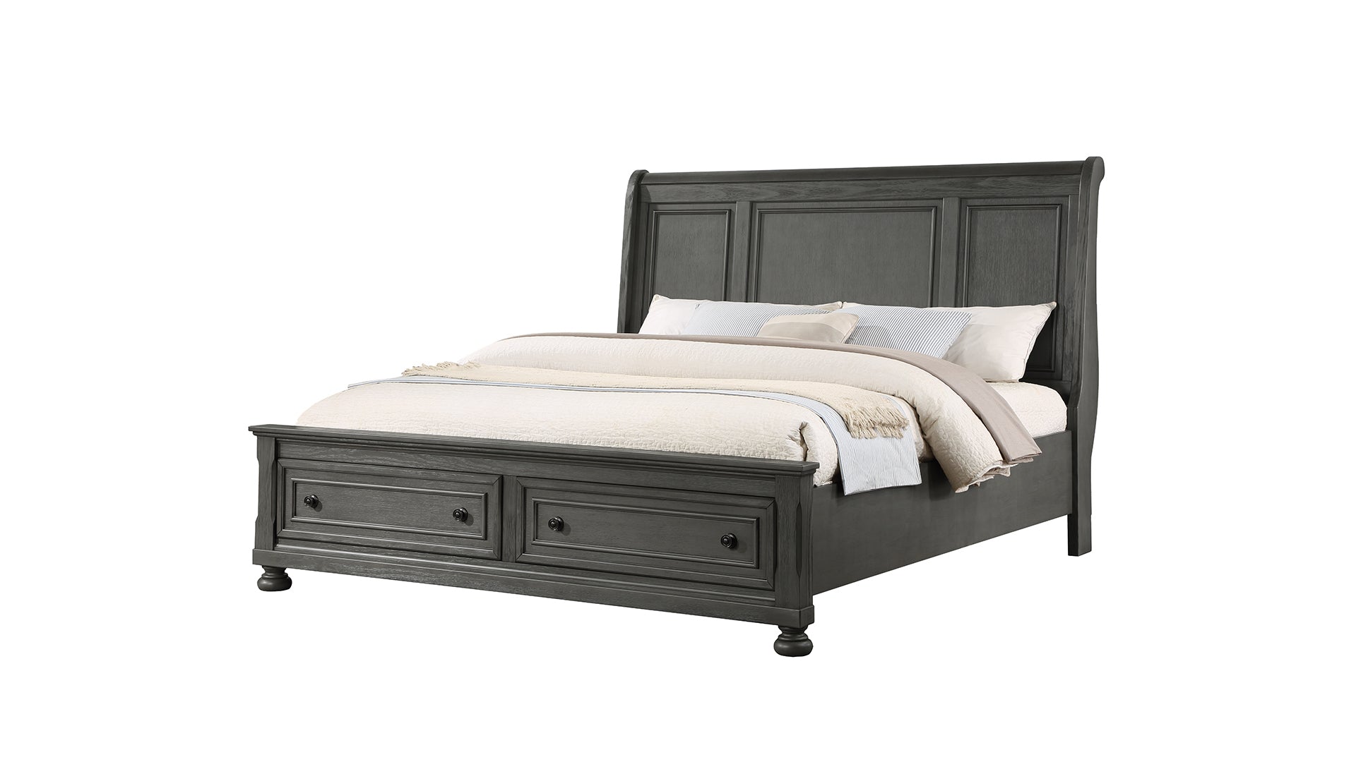 Dark gray wooden sleigh bed with storage drawers and upholstered headboard