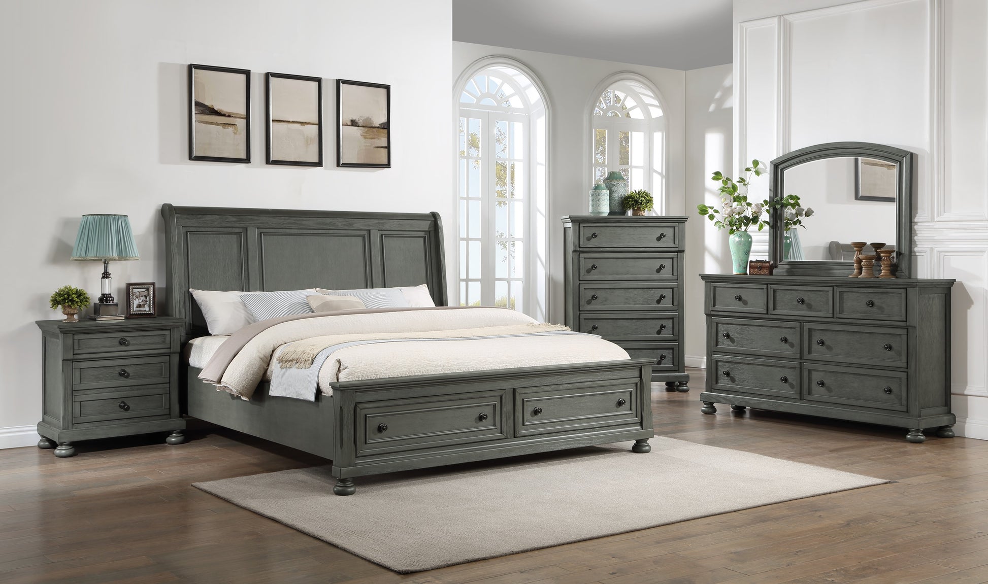 Grey wooden sleigh bed with storage drawers and matching nightstand in elegant bedroom setting