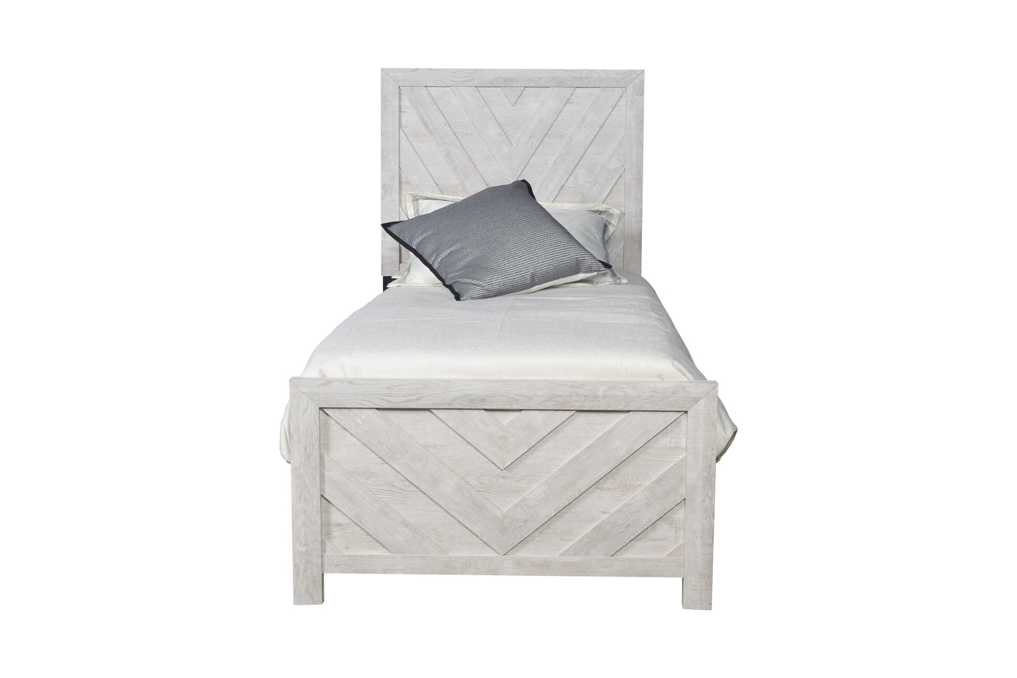 Whitewashed wood twin bed frame with chevron pattern headboard and footboard