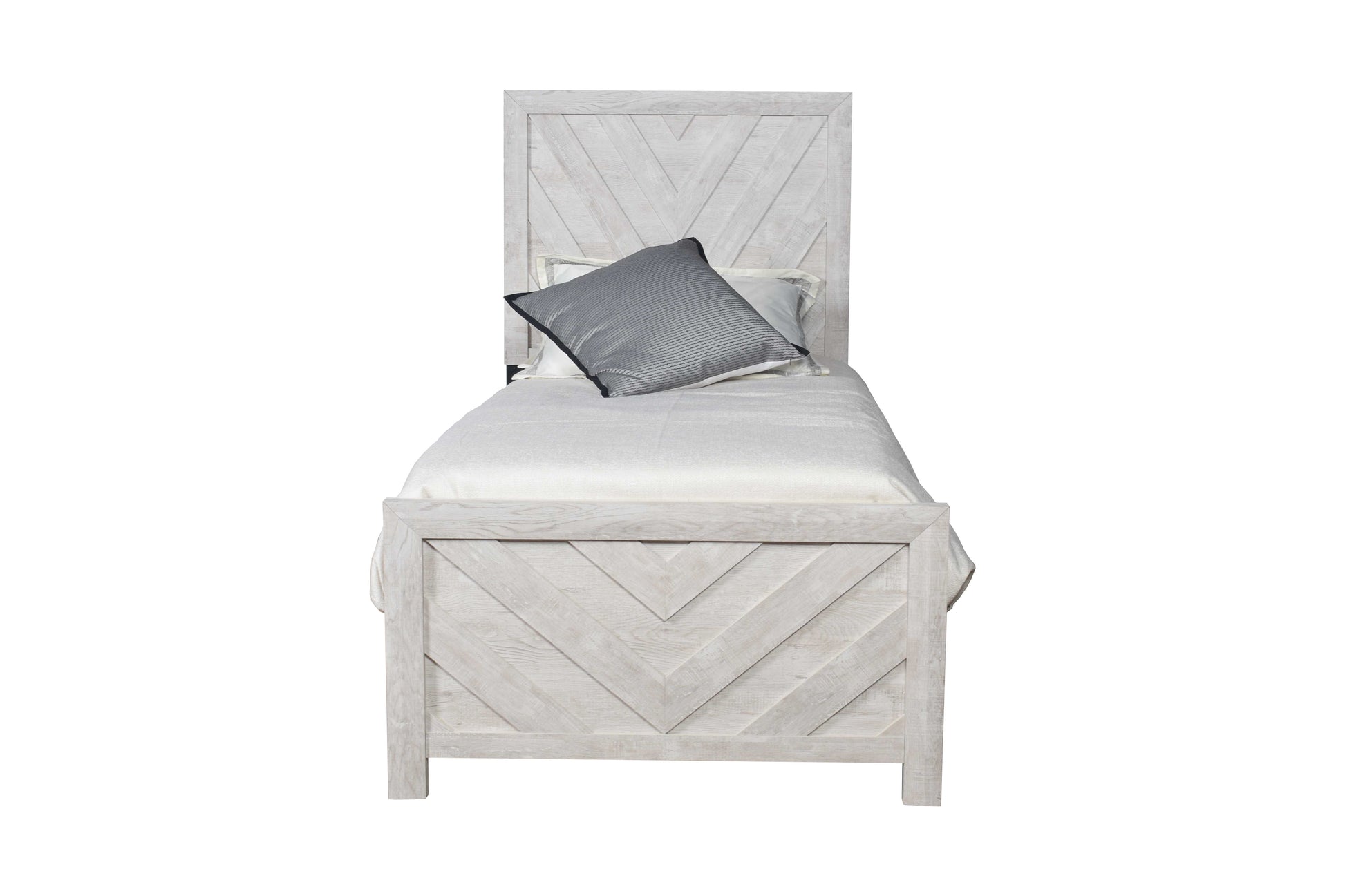 Whitewashed wood twin bed frame with chevron pattern headboard and footboard