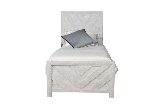 Whitewashed wood twin bed frame with chevron pattern headboard and footboard