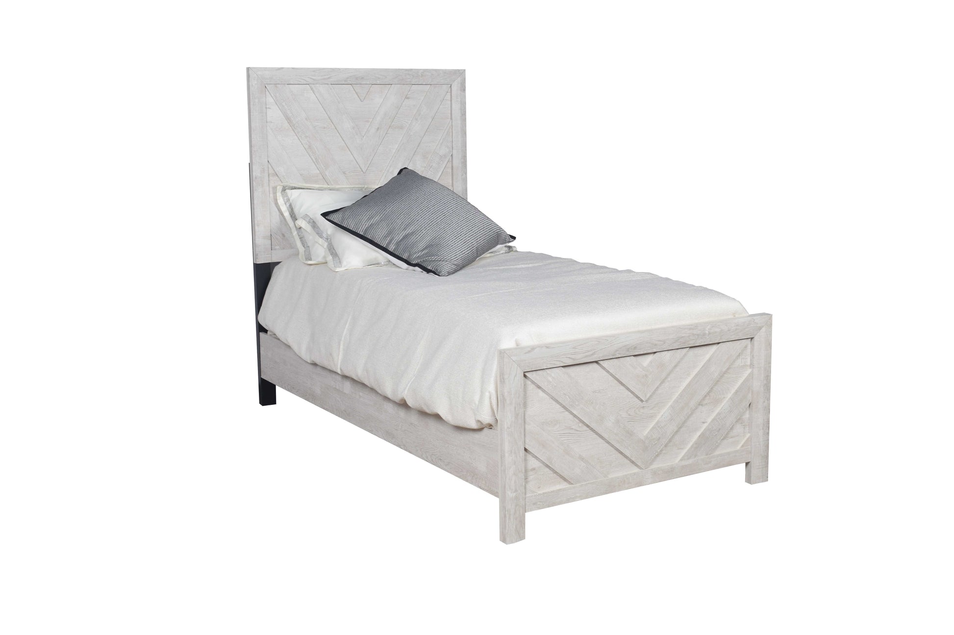 Distressed white wooden twin bed with chevron headboard and footboard