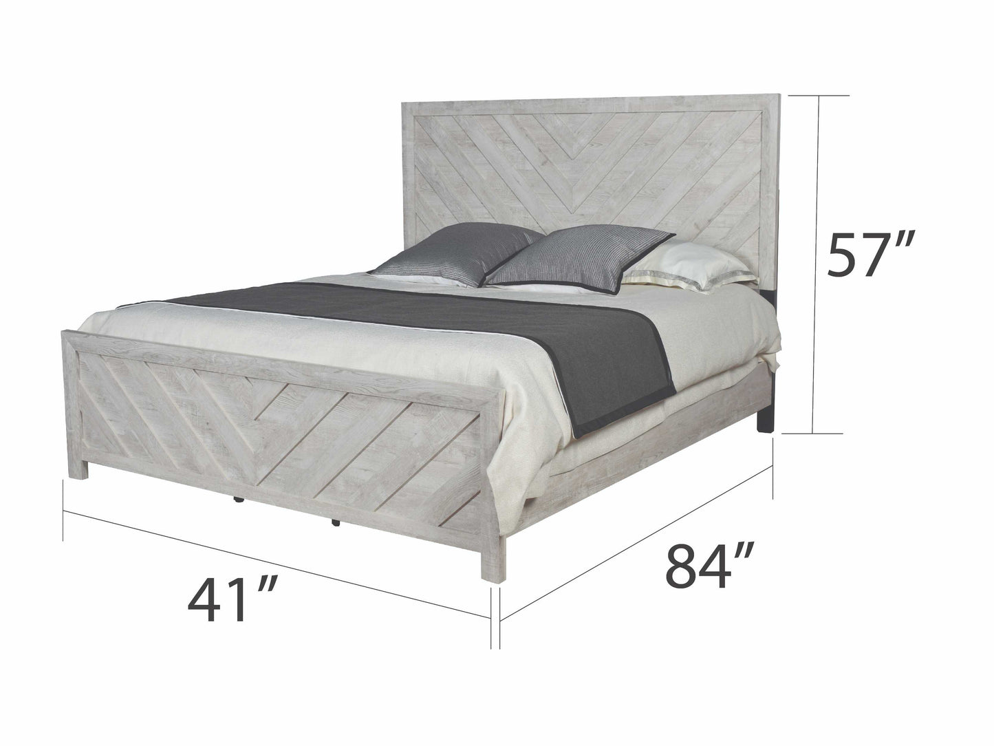 White distressed wood king bed frame with chevron pattern headboard and footboard