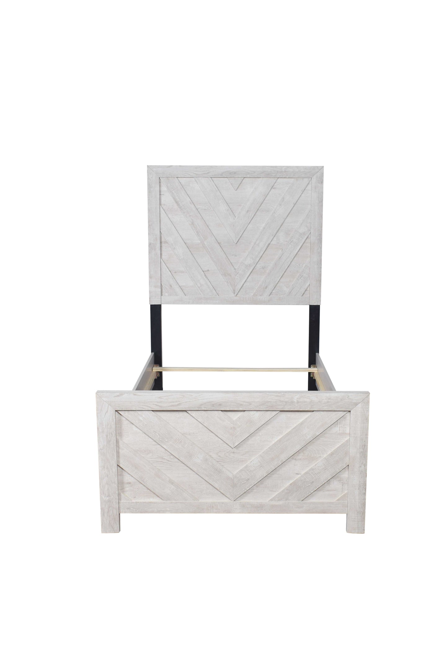 Rustic white wood bed frame with chevron headboard and footboard