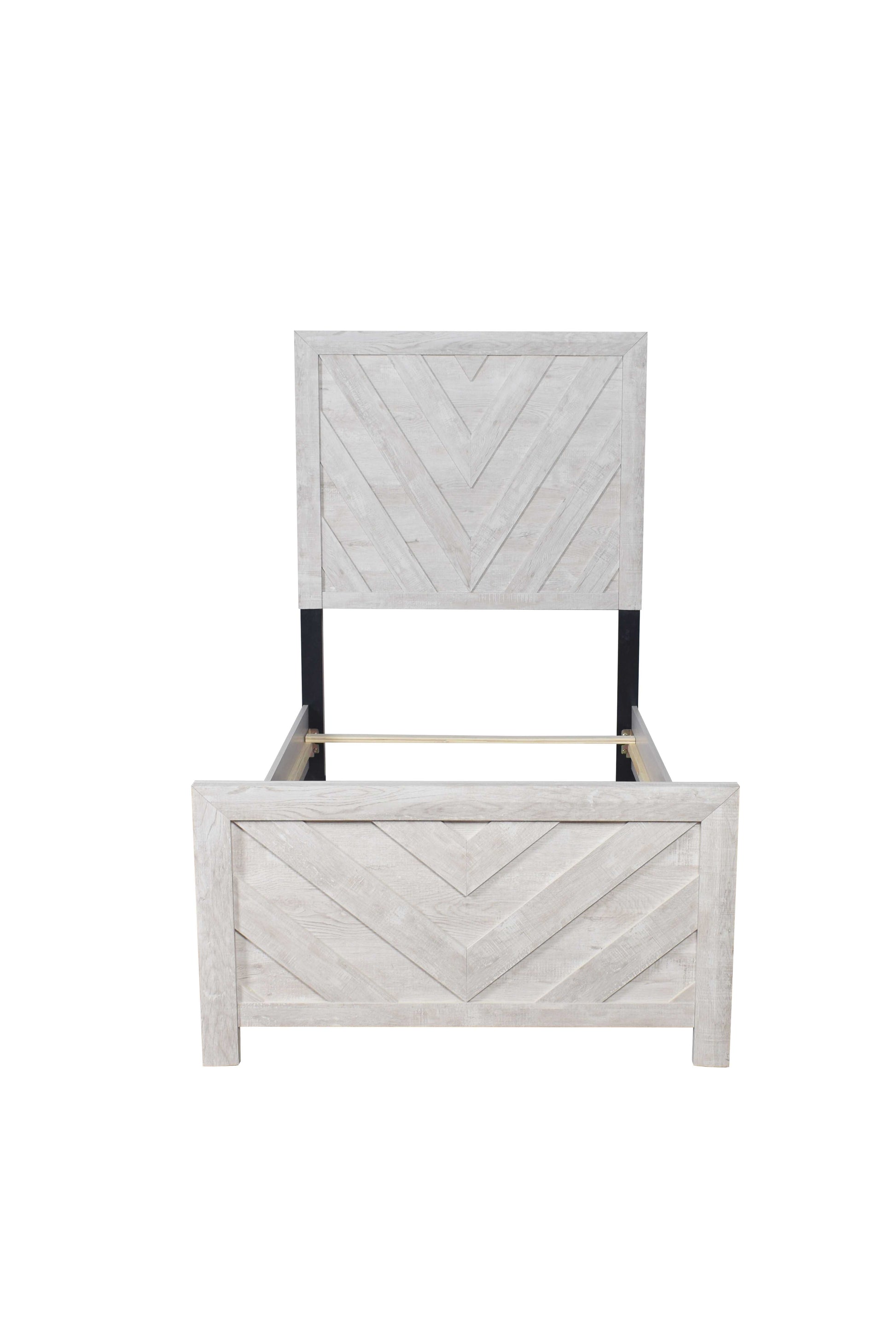Rustic white wood bed frame with chevron headboard and footboard
