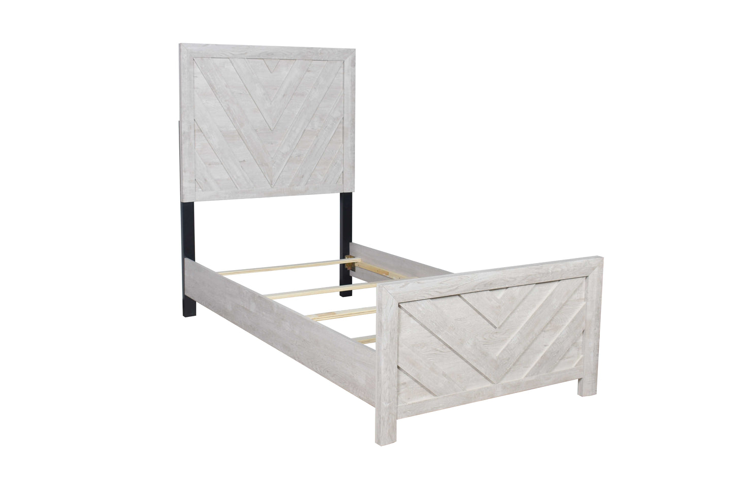 Rustic white wood twin bed frame with chevron headboard design