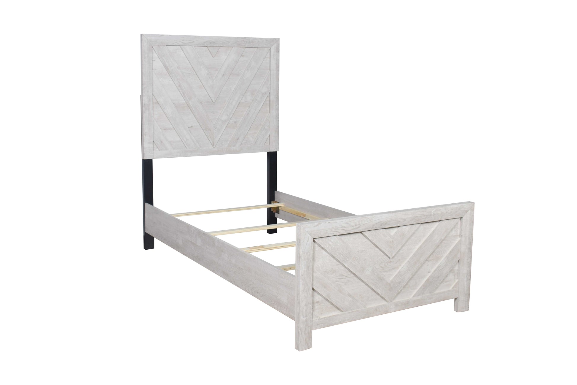 Rustic white wood twin bed frame with chevron headboard design