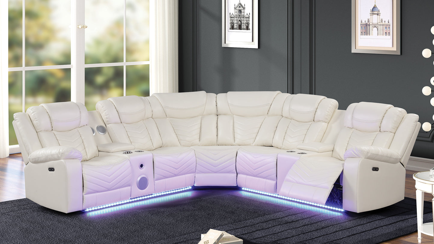 White leather sectional sofa with builtin cup holders and ambient LED lighting