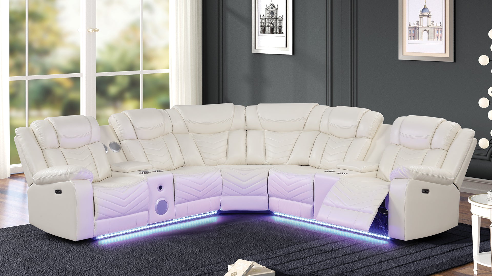 White leather sectional sofa with builtin cup holders and ambient LED lighting