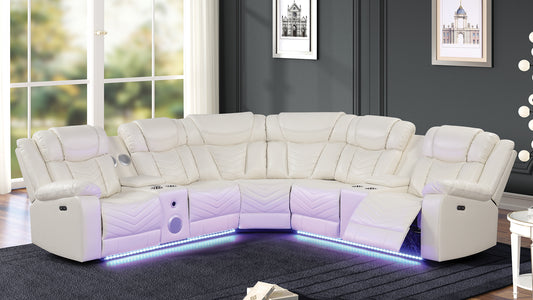 White leather sectional sofa with builtin cup holders and ambient LED lighting