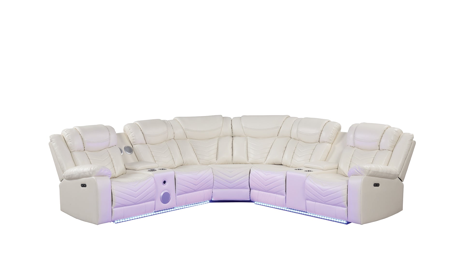 Plush ivory leather sectional reclining sofa with builtin cup holders and ambient LED lighting