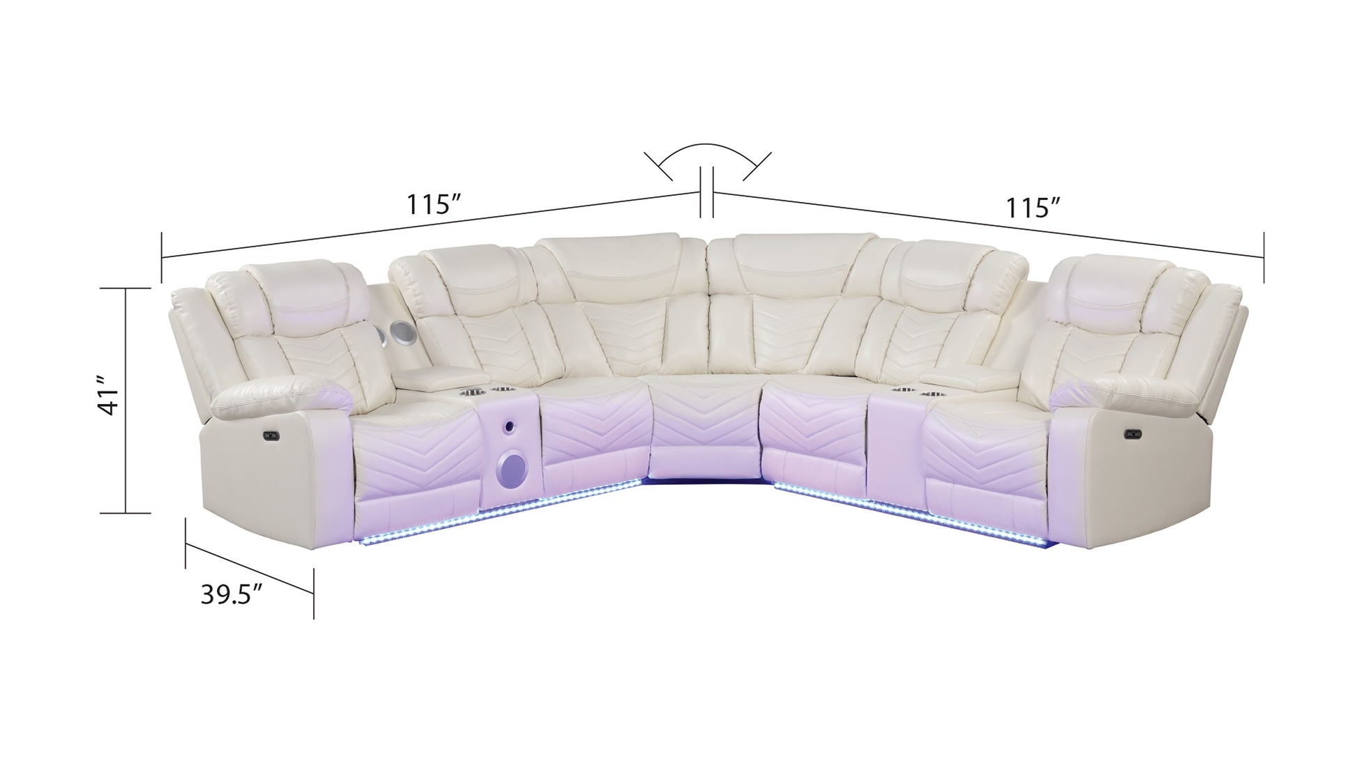 Cream white leather sectional sofa with diamond stitching cup holders and RGB LED lighting