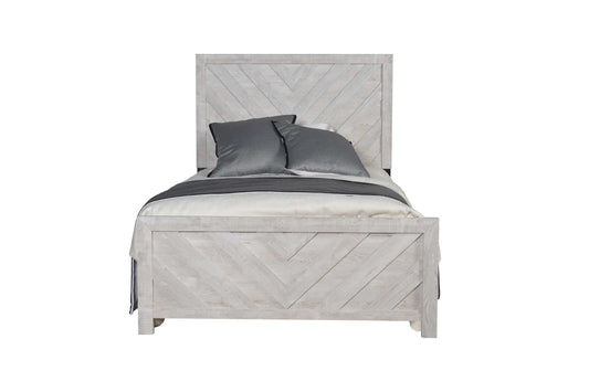 White wood twin bed with herringbone headboard and footboard