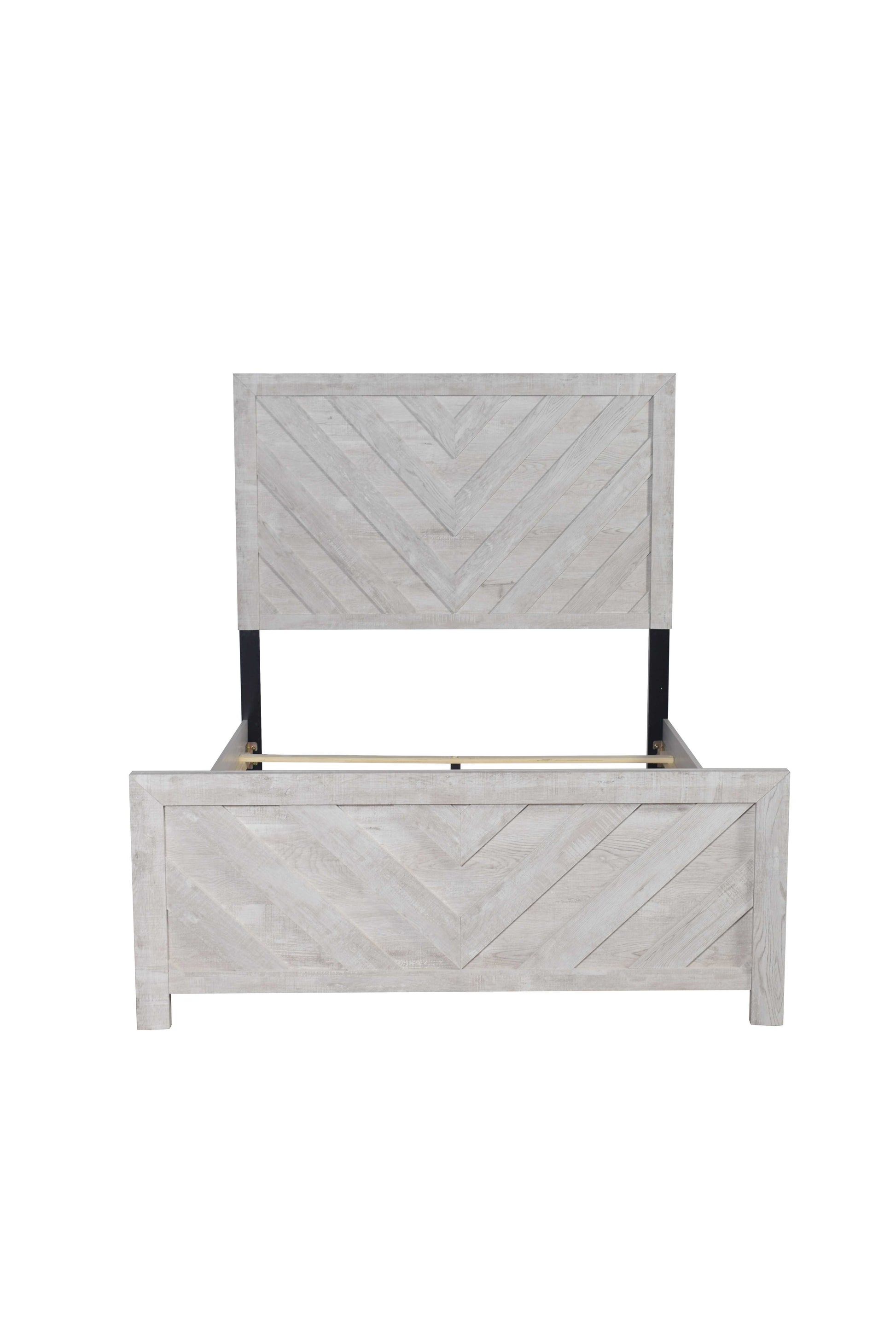 Distressed white wood panel bed frame with chevron pattern on headboard