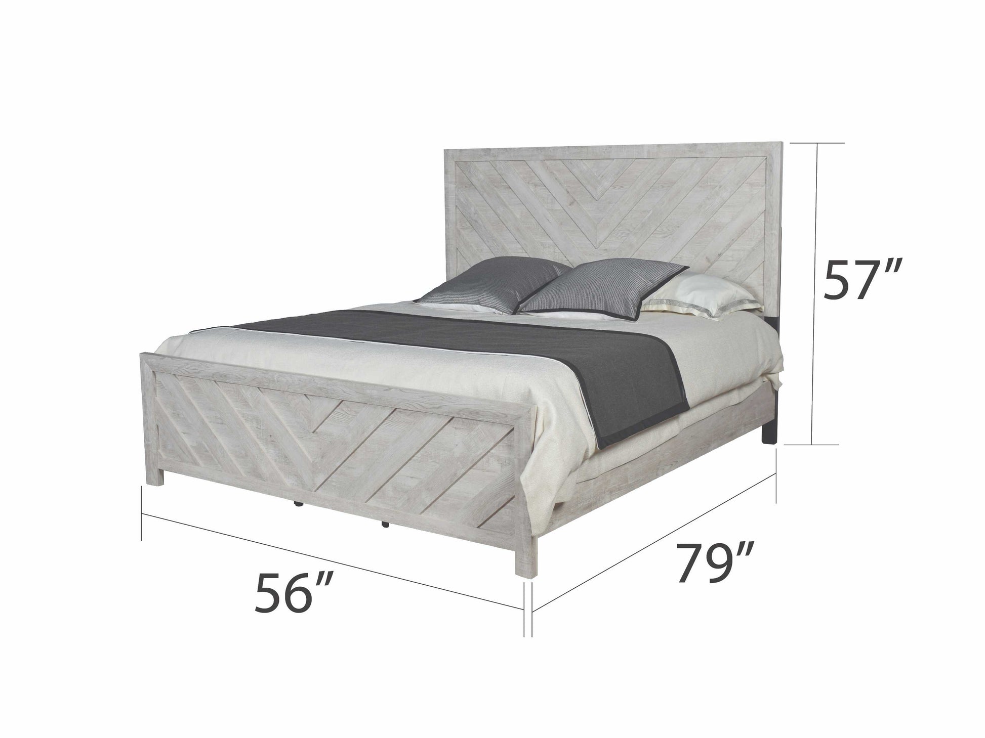 Rustic whitewashed wood queen bed frame with chevron headboard detail