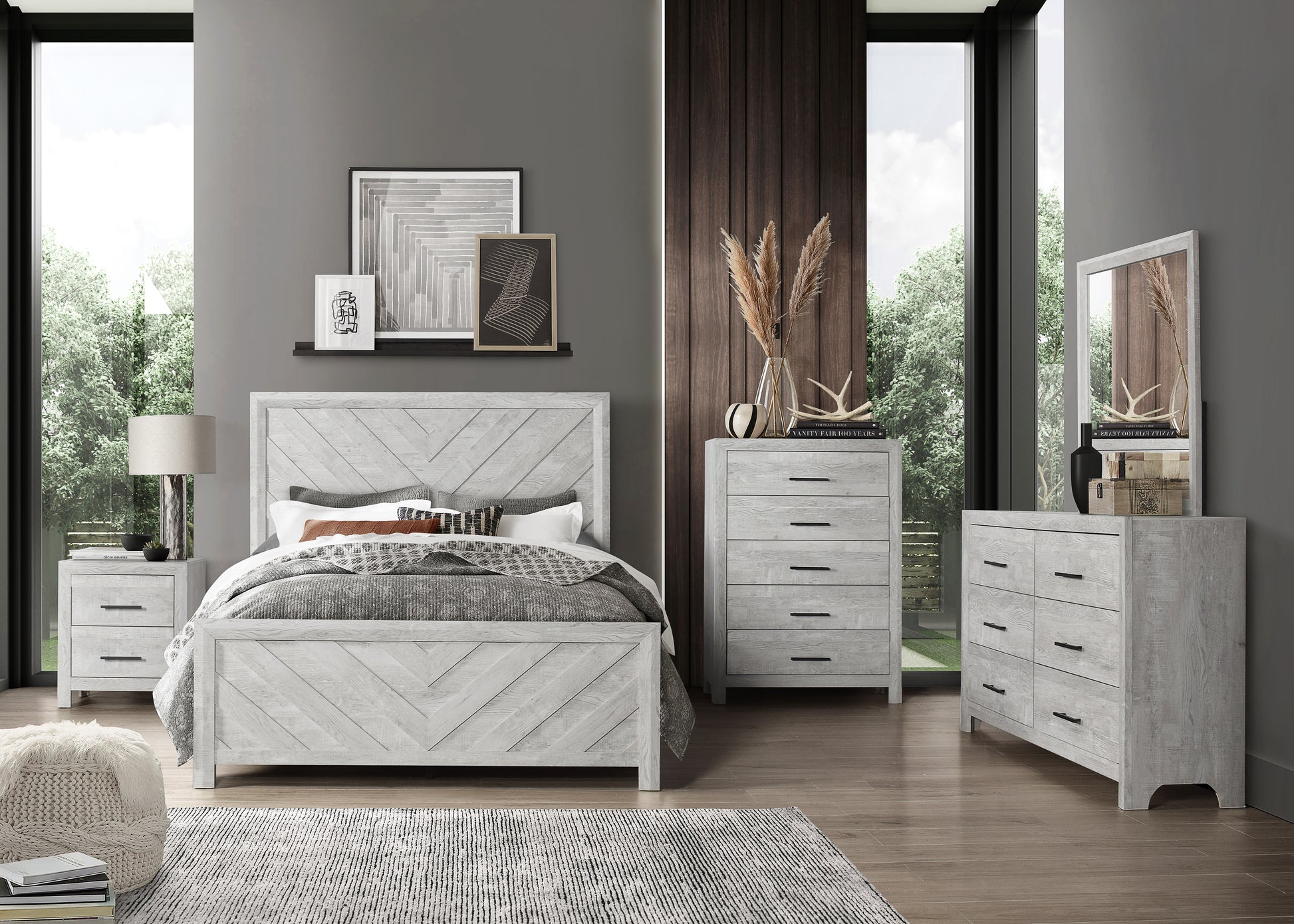 Rustic whitewashed wood king size bed with chevron pattern headboard and textured bedding