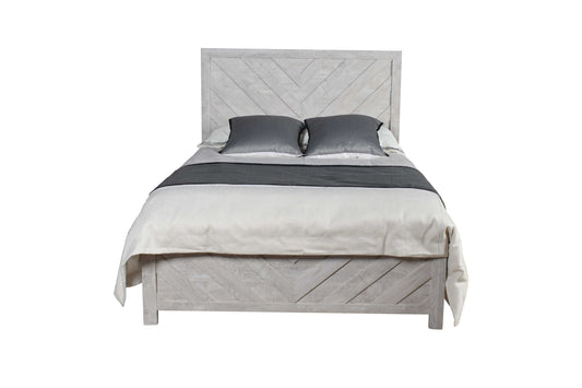 Rustic white wood bed frame with chevron headboard design