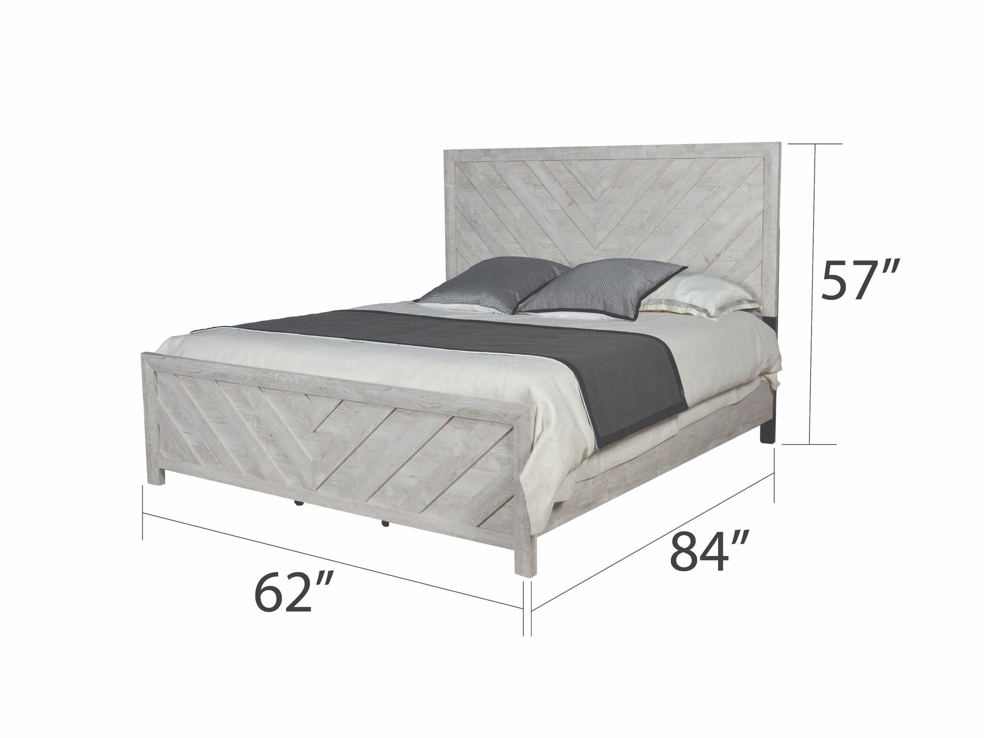 Rustic whitewashed wood king bed with chevron pattern headboard and footboard