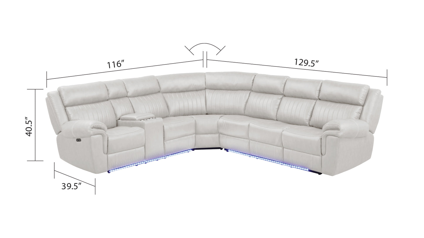 White leather sectional sofa with reclining seats and LED lighting