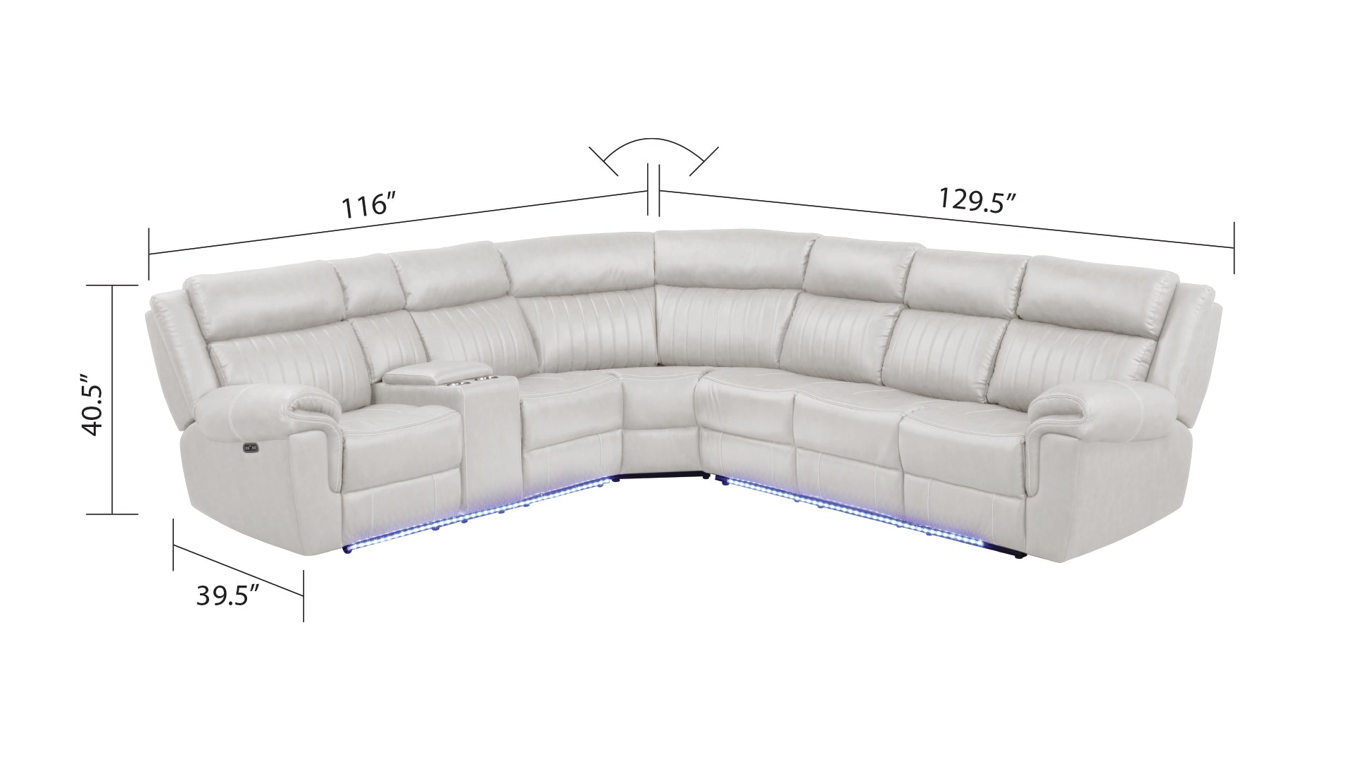 White leather sectional sofa with reclining seats and LED lighting