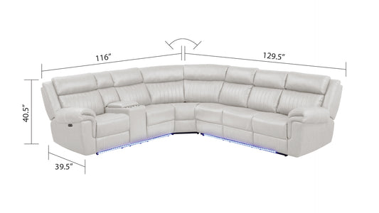 White leather sectional sofa with reclining seats and LED lighting