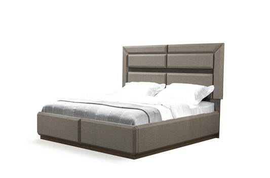 Modern upholstered king bed frame in charcoal grey with padded headboard