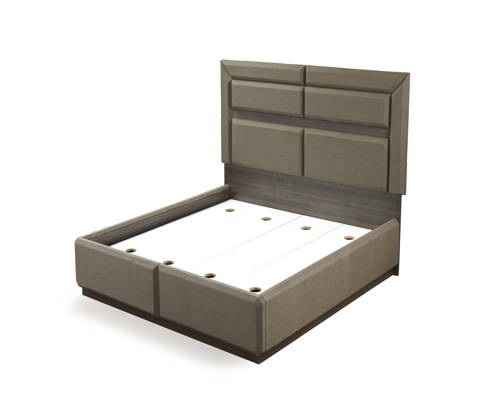 Modern upholstered platform bed frame in taupe fabric with a dark wood accent headboard