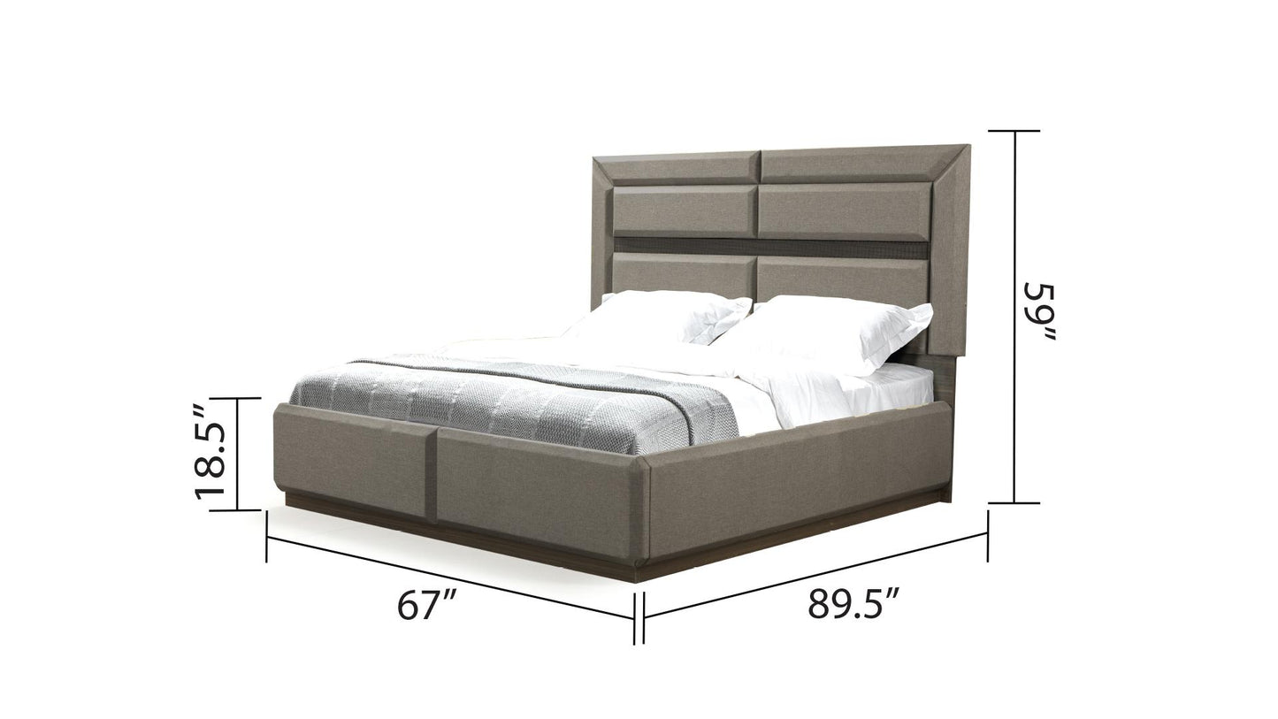Modern grey upholstered platform bed with textured headboard and dimensions shown
