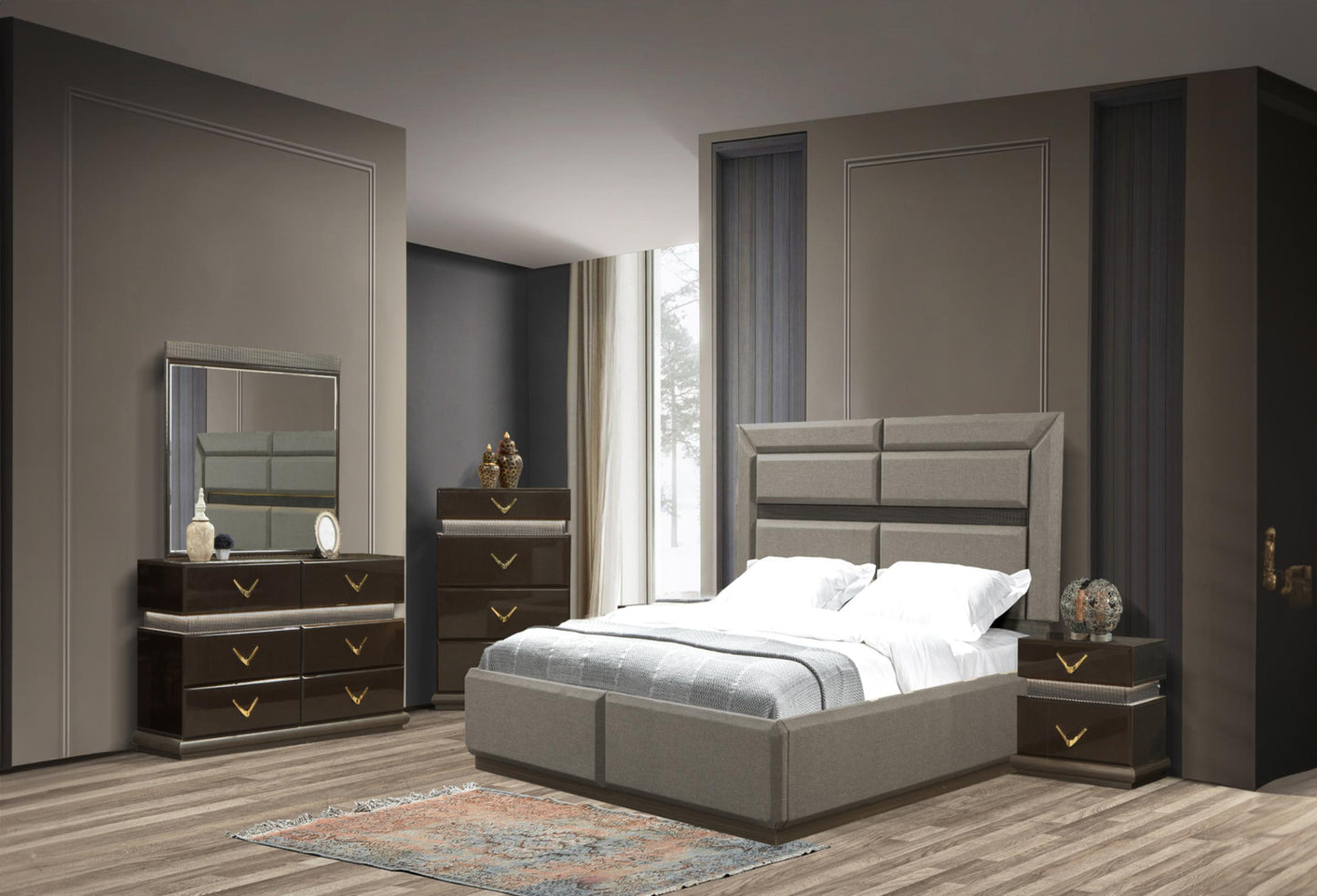 Luxurious grey upholstered bed frame with a modern paneled headboard queen size