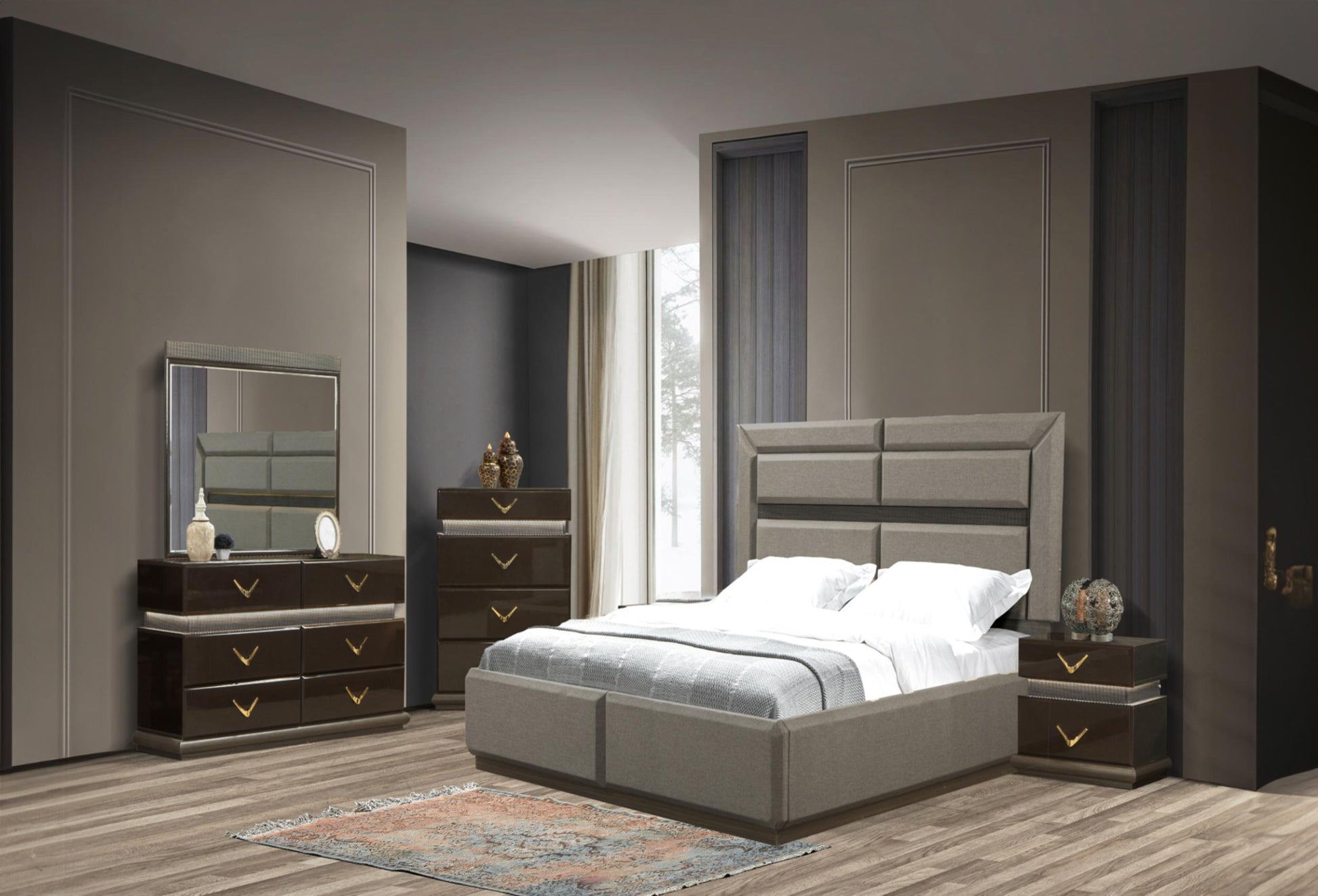 Luxurious grey upholstered bed frame with a modern paneled headboard queen size