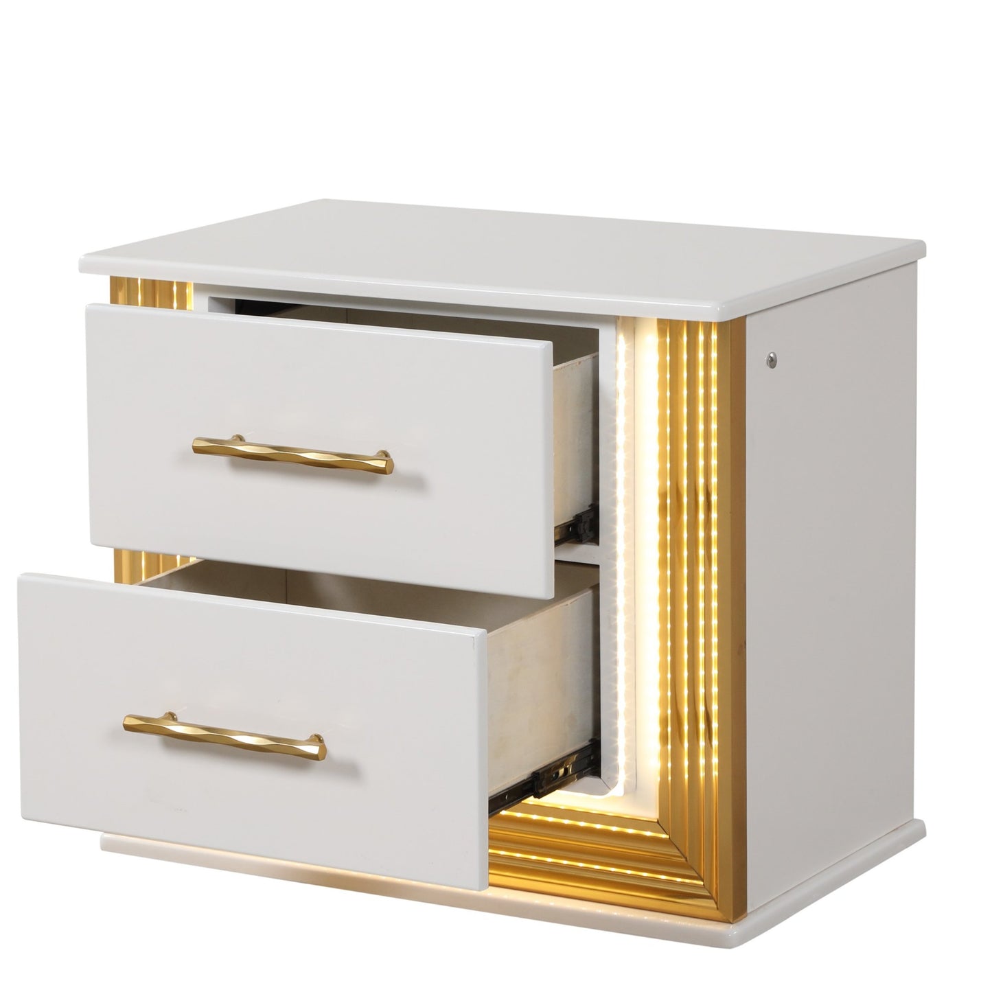 White bedside table with two drawers and gold trim illuminated by LED lights