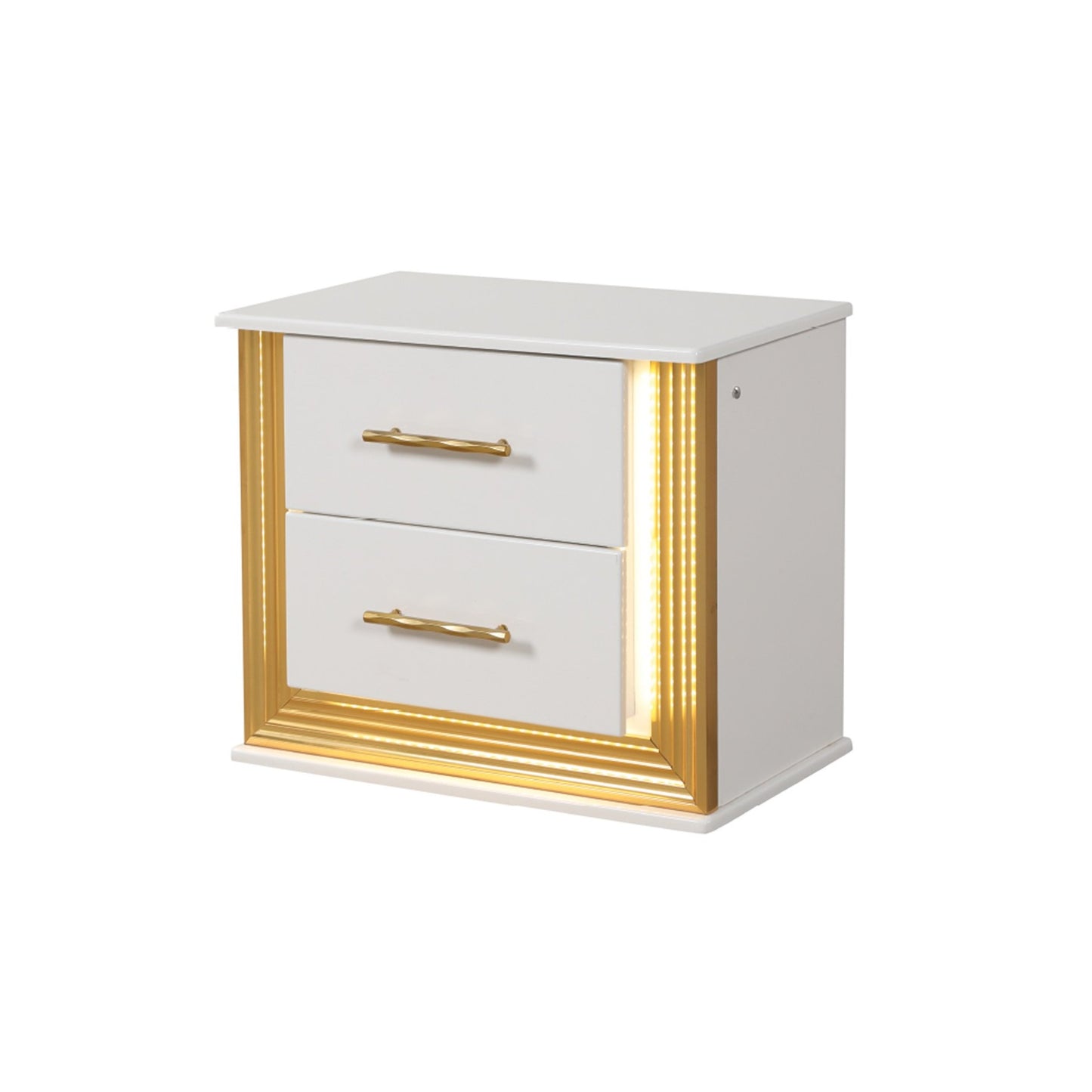 Modern white nightstand with gold accents and LED lighting