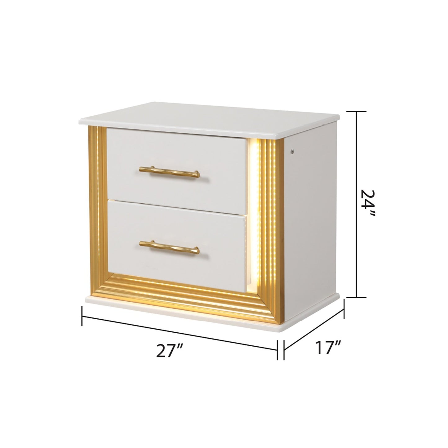 White twodrawer nightstand with gold trim and LED lighting