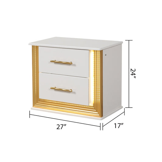 White twodrawer nightstand with gold trim and LED lighting