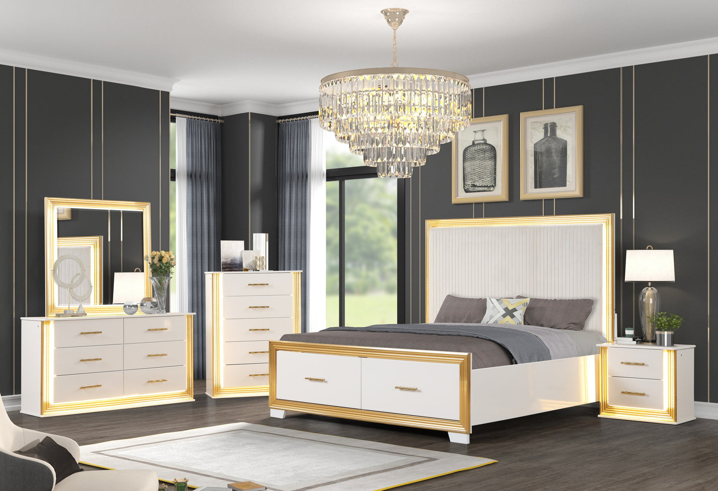 White and gold platform bed with upholstered headboard featuring LED lighting