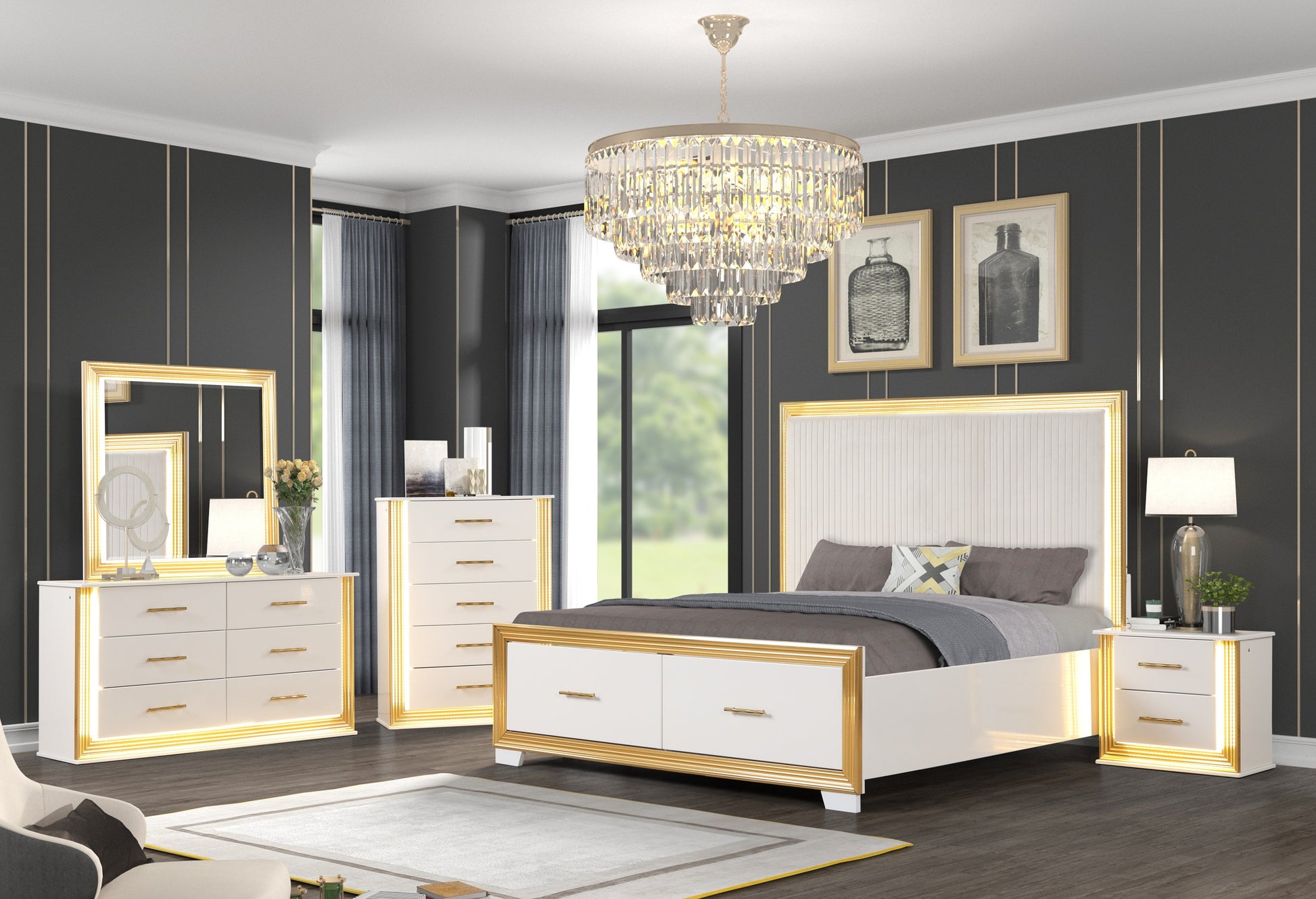 White and gold platform bed with upholstered headboard featuring LED lighting