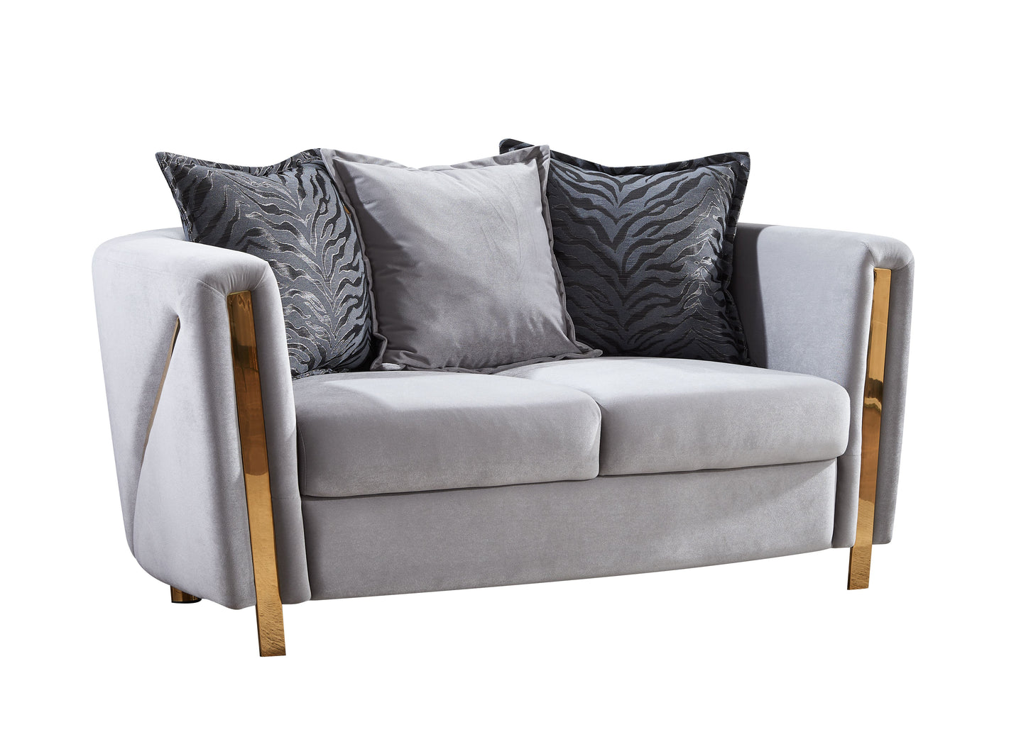 Luxurious grey velvet loveseat with striking gold accents and decorative pillows