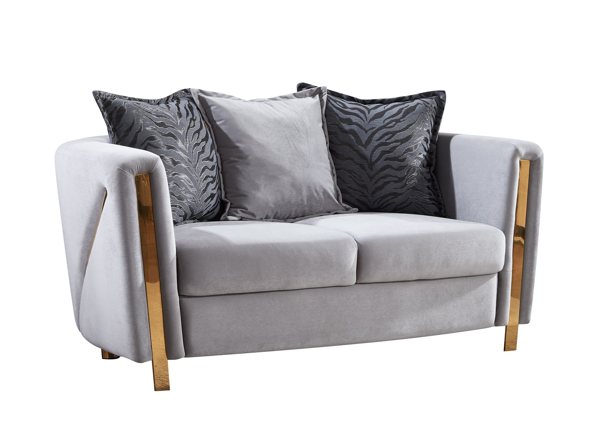 Luxurious grey velvet loveseat with striking gold accents and decorative pillows