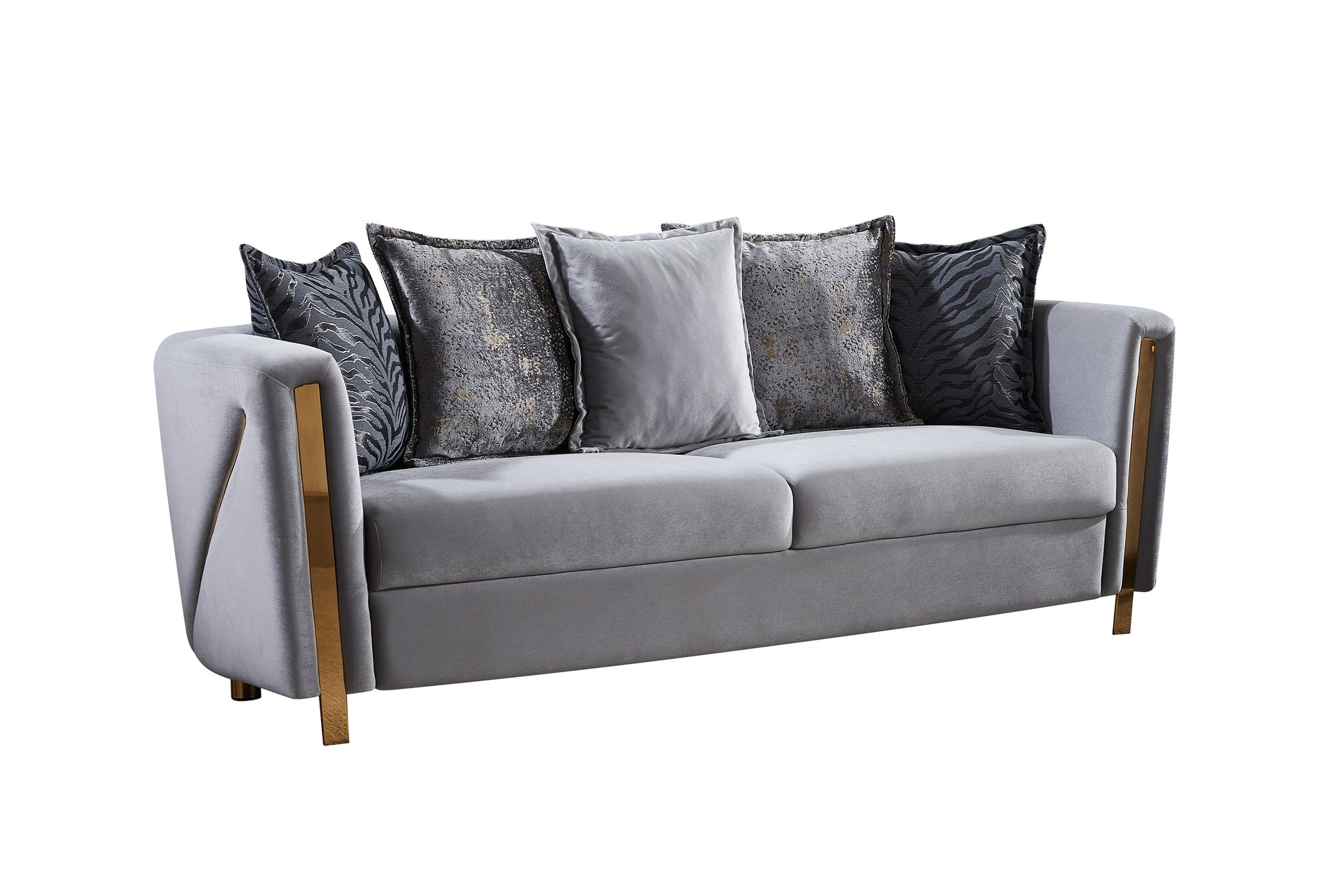 Modern gray velvet sofa with decorative pillows and gold accents