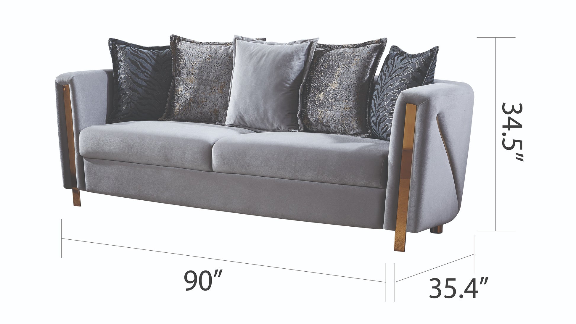 Gray velvet sofa with decorative patterned pillows and gold accents  L