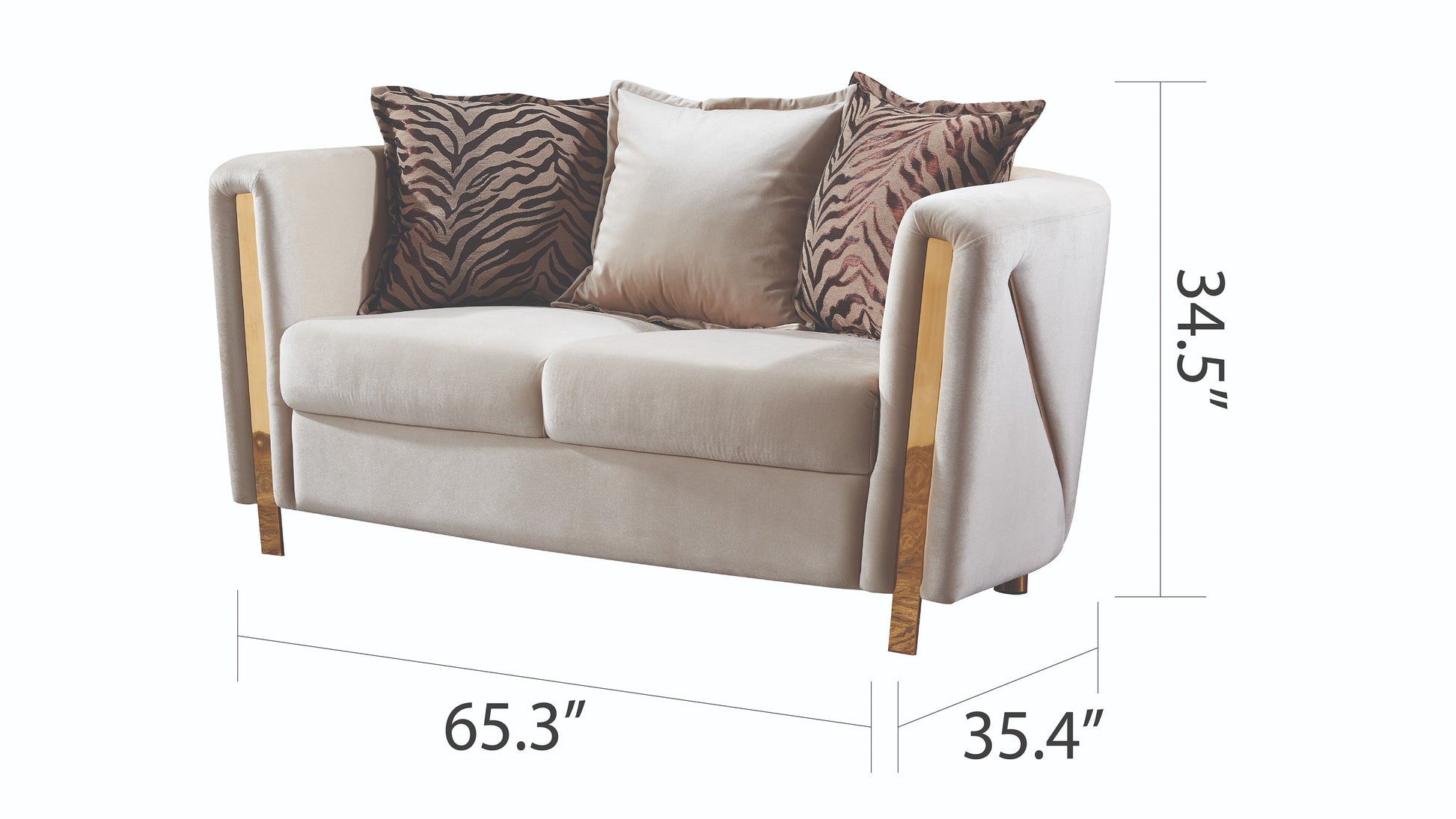 Luxurious beige velvet loveseat with gold accents and tiger print throw pillows