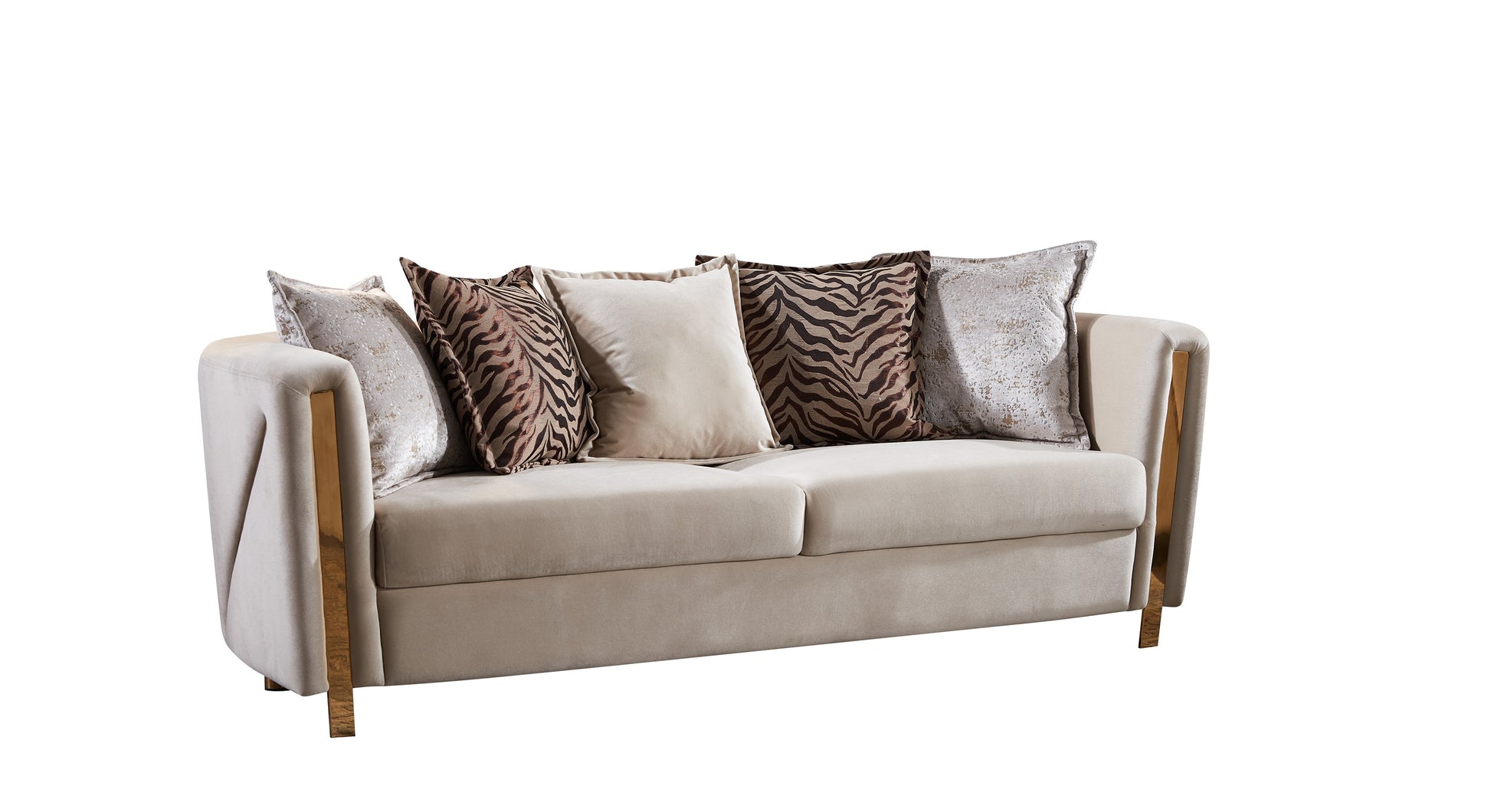 Cream velvet sofa with gold trim and animal print accent pillows for a modern living room