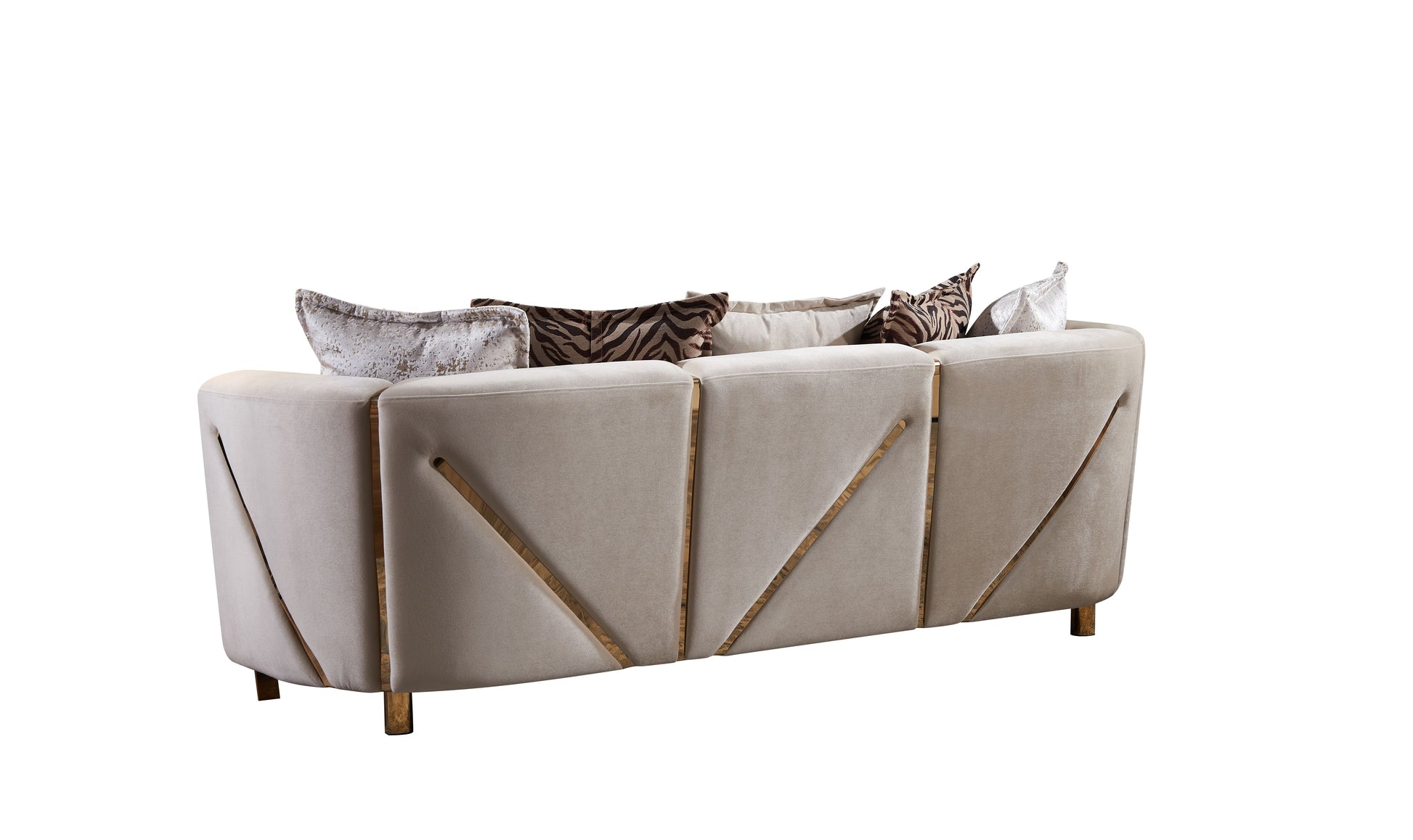 Taupe velvet sofa with gold accents and patterned throw pillows modern living room seating