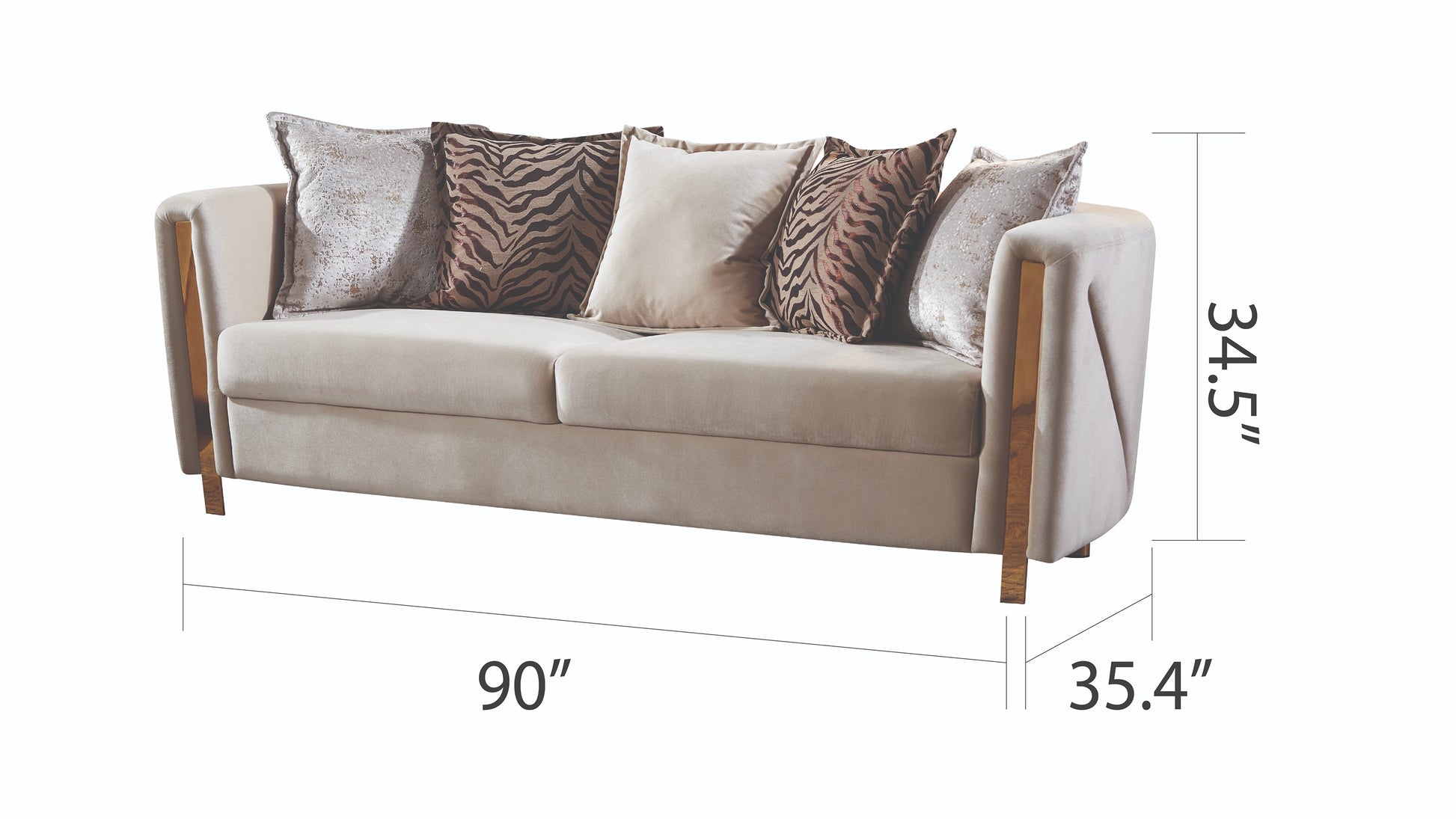 Beige velvet sofa with designer cushions featuring unique animal print and metallic patterns